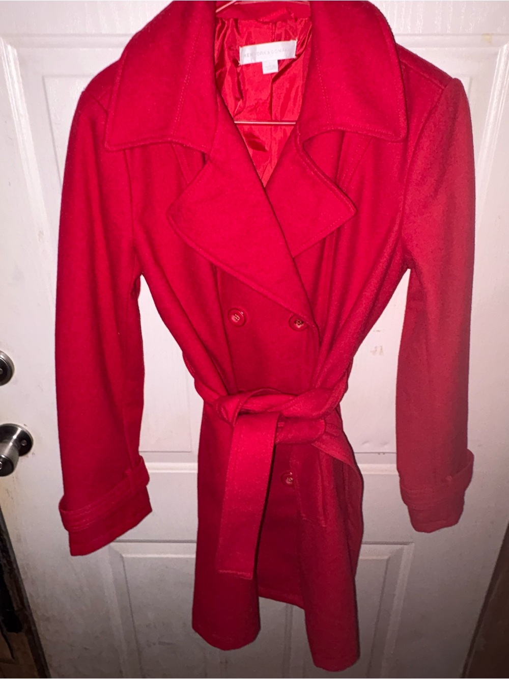 New York & Company Red Double-Breasted Trench Coat with Self-Tie Waist